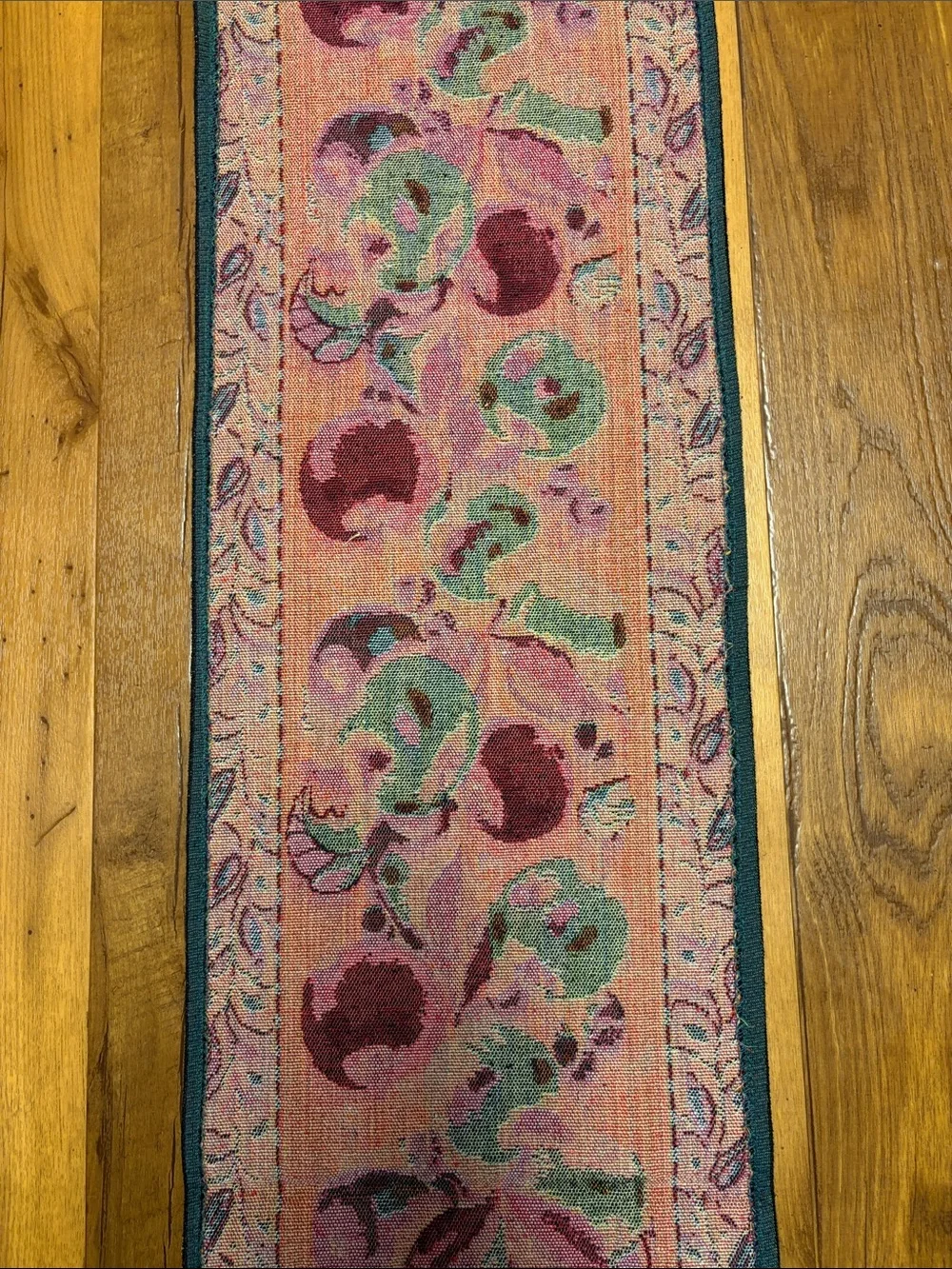 Vintage Tapestry Table Black Runner with Red and Green Apple Motif 64x12.5 EUC